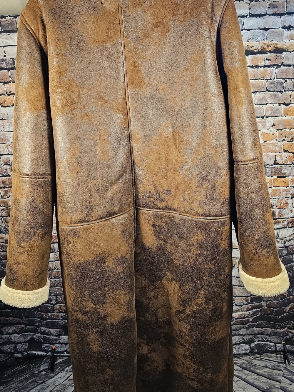 Frye Shearling Sherpa Faux Leather Long Trench Coat Jacket Large Brown Cream - Picture 4 of 5